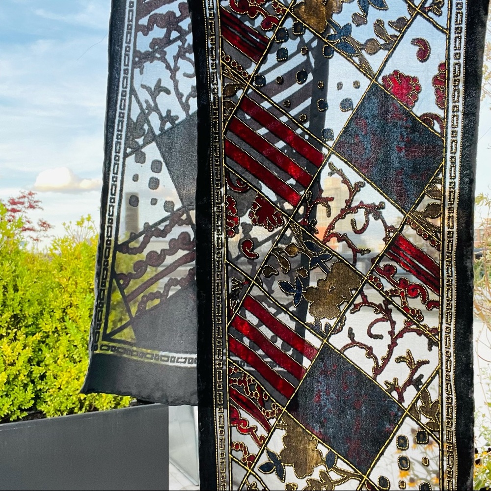 Oscar de la Renta Vintage Royal Velvet Cut Out Mesh Art Long Rectangle Scarf - Picture 15 of 16